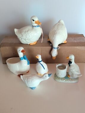 Vintage 6 pieces ,White Ceramic Geese Figurine Set with Blue Accents.